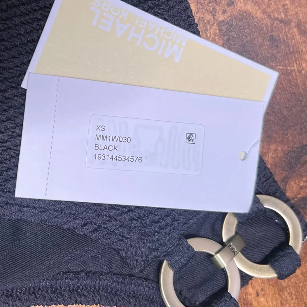 Michael Kors High-Leg Bikini Bottoms in Black with Ring Gold Chain Accents. NWT!